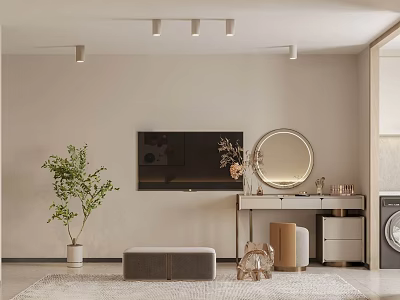Elegant Modern Vanity Table Interior With Round Mirror And Storage Drawers 3d model
