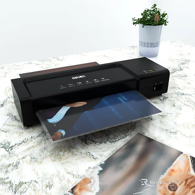 Black Desktop Printer Printing Photo On Marble Table With Potted Plant 3d model 