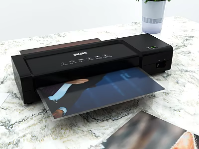 Black Desktop Printer Printing Photo On Marble Table With Potted Plant 3d model