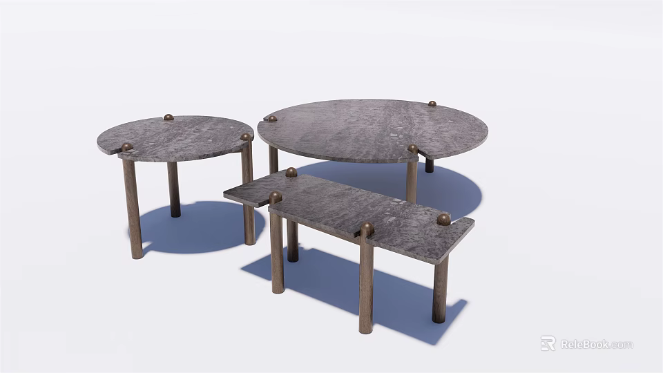 Modern Coffee Tables Set With Round Rectangular Stone Tops And Metal Legs 3d model