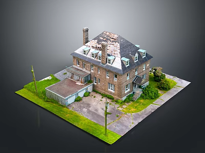 Brick Two Story House 3D Model With Chimney Roof Garage Lawn Trees And Street Lamp 3d model