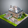 Brick Two Story House 3D Model With Chimney Roof Garage Lawn Trees And Street Lamp