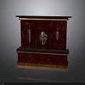 Elegant Crimson Marble Display Cabinet With Gold Accents And Decorative Swords Shield