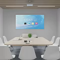 Modern Meeting Room Interior With Conference Table White Chairs Sofa Bookshelves And TV Screen