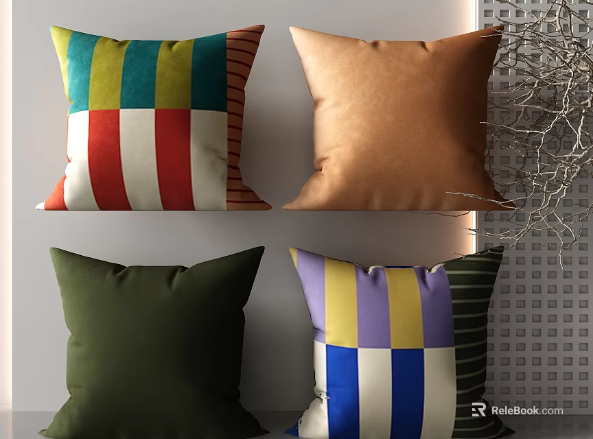 Modern Decorative Throw Pillows Featuring Colorful Striped Solid Copper Dark Green And Multicolor Designs 3d model