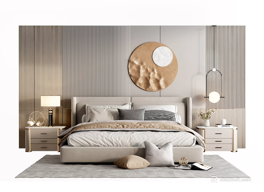 Modern Double Bed with Striped Wooden Wall Circular Gold Clock Artwork and Bedside Lamps 3d model 