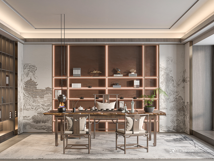 Traditional Chinese Tea Room Interior With Wooden Furniture And Tea Sets 3d model 