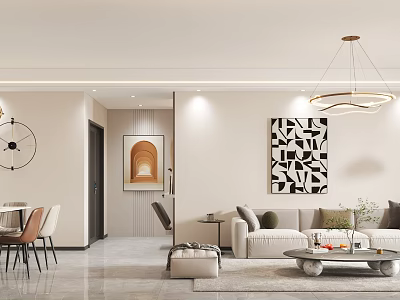 Modern Living Dining Room Interior Design With Beige Sofa Dining Table And Geometric Painting 3d model