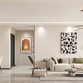 Modern Living Dining Room Interior Design With Beige Sofa Dining Table And Geometric Painting
