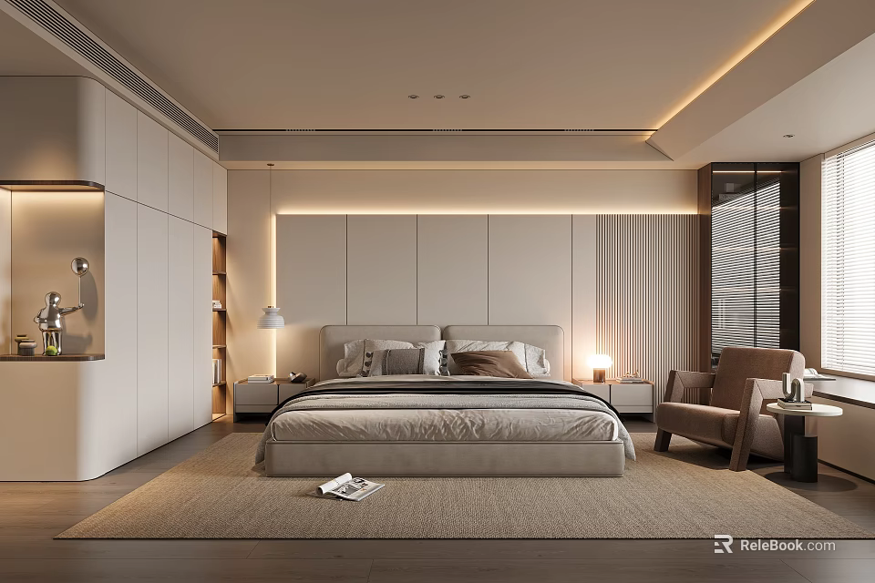 Modern Minimalist Bedroom Interior Design With Large Bed Armchair Built In Wardrobes And Soft Lighting 3d model 
