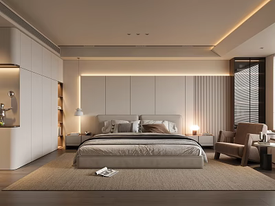 Modern Minimalist Bedroom Interior Design With Large Bed Armchair Built In Wardrobes And Soft Lighting 3d model