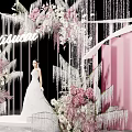 Bride In White Wedding Dress On Decorative Stage With Pink White Flowers And Crystal Chandeliers