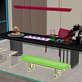 Modern Tea Table Set With Dark Tabletop Metal Frame Bench And Tea Set 3d model