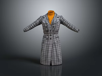Stylish Long Gray Plaid Coat With Yellow Turtleneck Sweater For Daily Wear 3d model