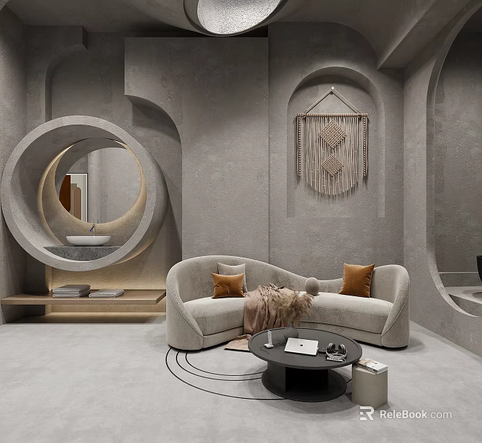 Modern Living Room Interior With Curved Sofa Black Coffee Table Circular Mirror And Macramé Hanging 3d model 