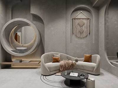Modern Living Room Interior With Curved Sofa Black Coffee Table Circular Mirror And Macramé Hanging 3d model