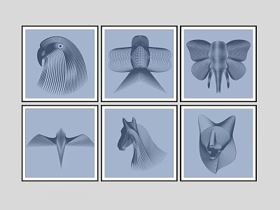 Six Framed Abstract Line Art Pieces With Animal And Bird Blue Tone Designs 3d model