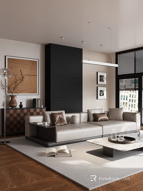 Modern Living Room Featuring Light Gray Leather Sofa Brown Cushions Decorative Paintings And Checkerboard Cabinet 3d model 