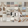 Abstract Wall Art Collection Featuring Neutral Tones And Diverse Paintings On White Wall