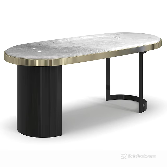 Elegant Modern Desk Featuring Light Marble Top Gold Trim And Black Legs 3d model 