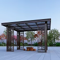 Modern Landscape Pavilion with Black Frame Transparent Roof Stone Furniture and Colorful Trees in Square