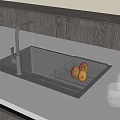 Modern Kitchen Sink With Faucet Water Flowing Drainer Fruits And Glass Cups On Countertop