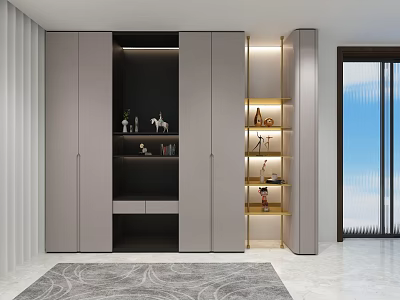 Modern Decorative Cabinet With Grey Doors Open Shelves Gold Accents And Illuminated 3d model