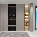Modern Decorative Cabinet With Grey Doors Open Shelves Gold Accents And Illuminated