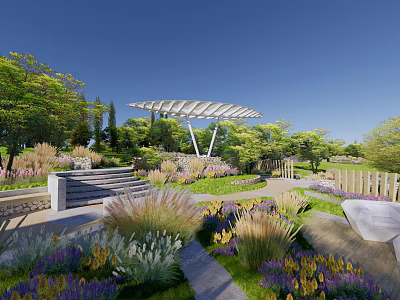 Picturesque Garden Landscape With Lush Greenery Colorful Flower Beds and Stone Pathway 3d model