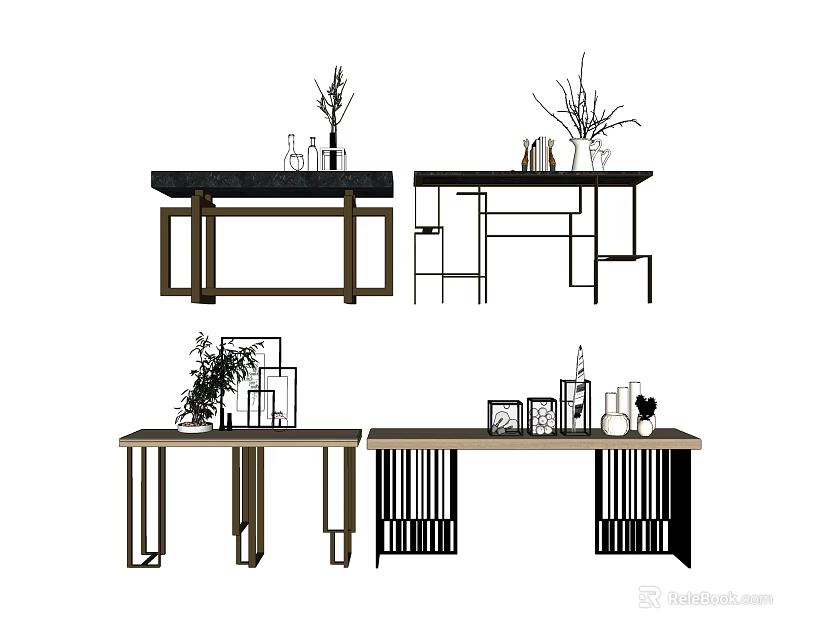 Modern Console Table Designs With Decorative Vases Plants And Glass Frames 3d model