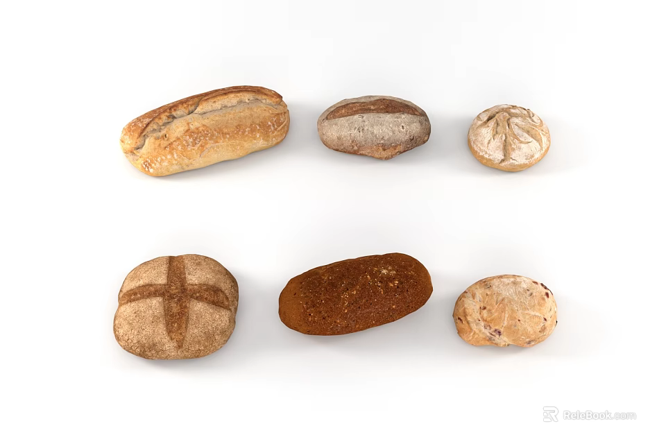 Different Types Of Artisanal Bread Loaves With Various Shapes And Textures 3d model 
