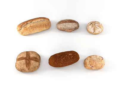 Different Types Of Artisanal Bread Loaves With Various Shapes And Textures 3d model