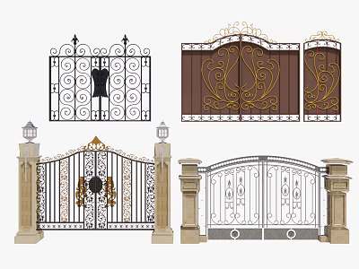 Ornate Iron Entrance Gates With Decorative Scrollwork Stone Pillars And Lamps 3d model