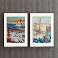 Two Framed Colorful Landscape Paintings with Vibrant Town Scenery and Garden View
