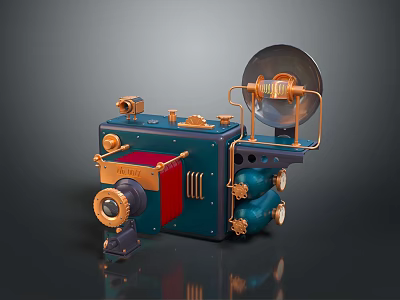 Vintage Mechanical Digital Device With Gears Lens And Blue Red Gold Accents 3d model