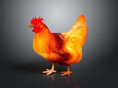 Vibrant Rooster with Red Comb and Orange Yellow Feathers Standing on Gray Background 3d model