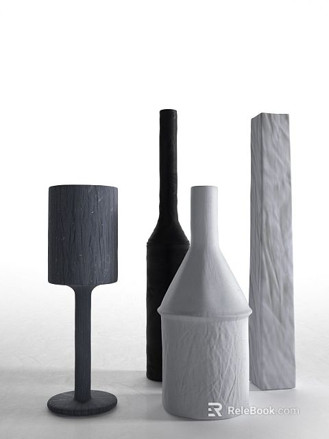 Ceramic Vessels with Various Shapes Black White Grey Colors and Textured Surfaces 3d model 
