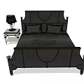 Double Bed With Dark Frame Floral Pattern Bedding And White Nightstand Black Lamp 3d model