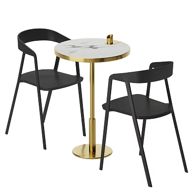 Modern Round Table and Black Chairs Set with Marble Top and Golden Stand 3d model