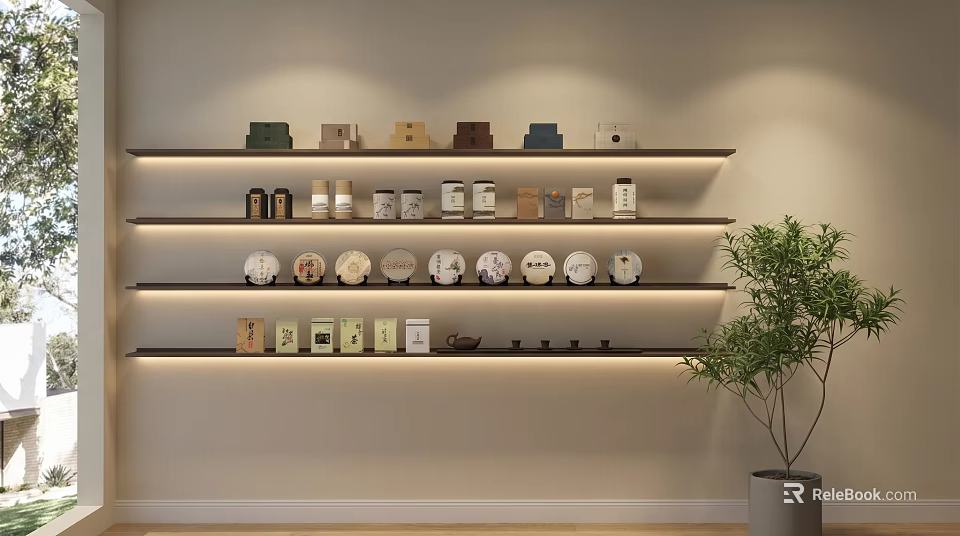 Tea Sets Display on Modern Wall Shelves with Various Teacups Teapots Trays and Potted Plant 3d model 