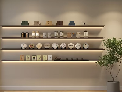 Tea Sets Display on Modern Wall Shelves with Various Teacups Teapots Trays and Potted Plant 3d model