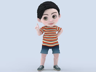 Cartoon Boy With Black Hair In Striped T-shirt Blue Shorts And Green Shoes Pointing Up 3d model