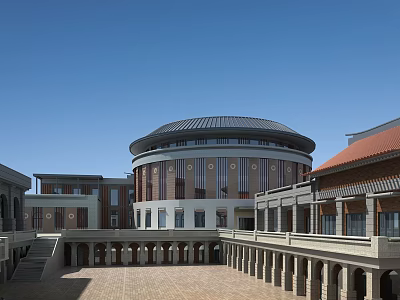 School Building Complex With Circular Dome Red Brick Walls Archways And Courtyard 3d model