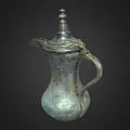 Antique Bronze Wine Ewer With Lid Handle And Engraved Patterns Isolated On Dark Background