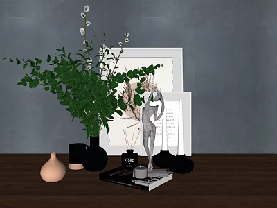 Decorative Ornament Set With Green Plants Frames Sculpture And Vases On Wooden Table 3d model
