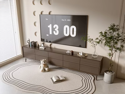 Modern TV Stand With Digital TV Window Blinds Potted Plant Teddy Bear And Open Book 3d model