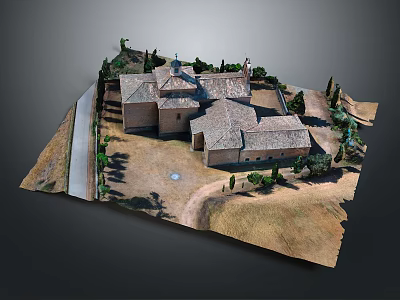 Traditional Stone Building Complex With Tile Roofs Surrounding Trees And Open Courtyard 3d model