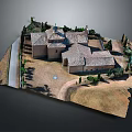 Traditional Stone Building Complex With Tile Roofs Surrounding Trees And Open Courtyard 3d model