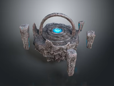 Steampunk Mechanical Device With Rustic Metal Surface Curved Handle Blue Glowing Center Four Support Legs 3d model