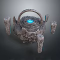Steampunk Mechanical Device With Rustic Metal Surface Curved Handle Blue Glowing Center Four Support Legs
